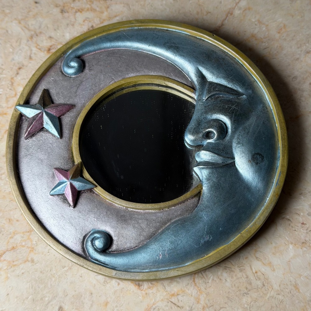 Vintage Celestial Moon Face Wall Mirror 4in Silver Blue Gold Sun Star 90s Retro